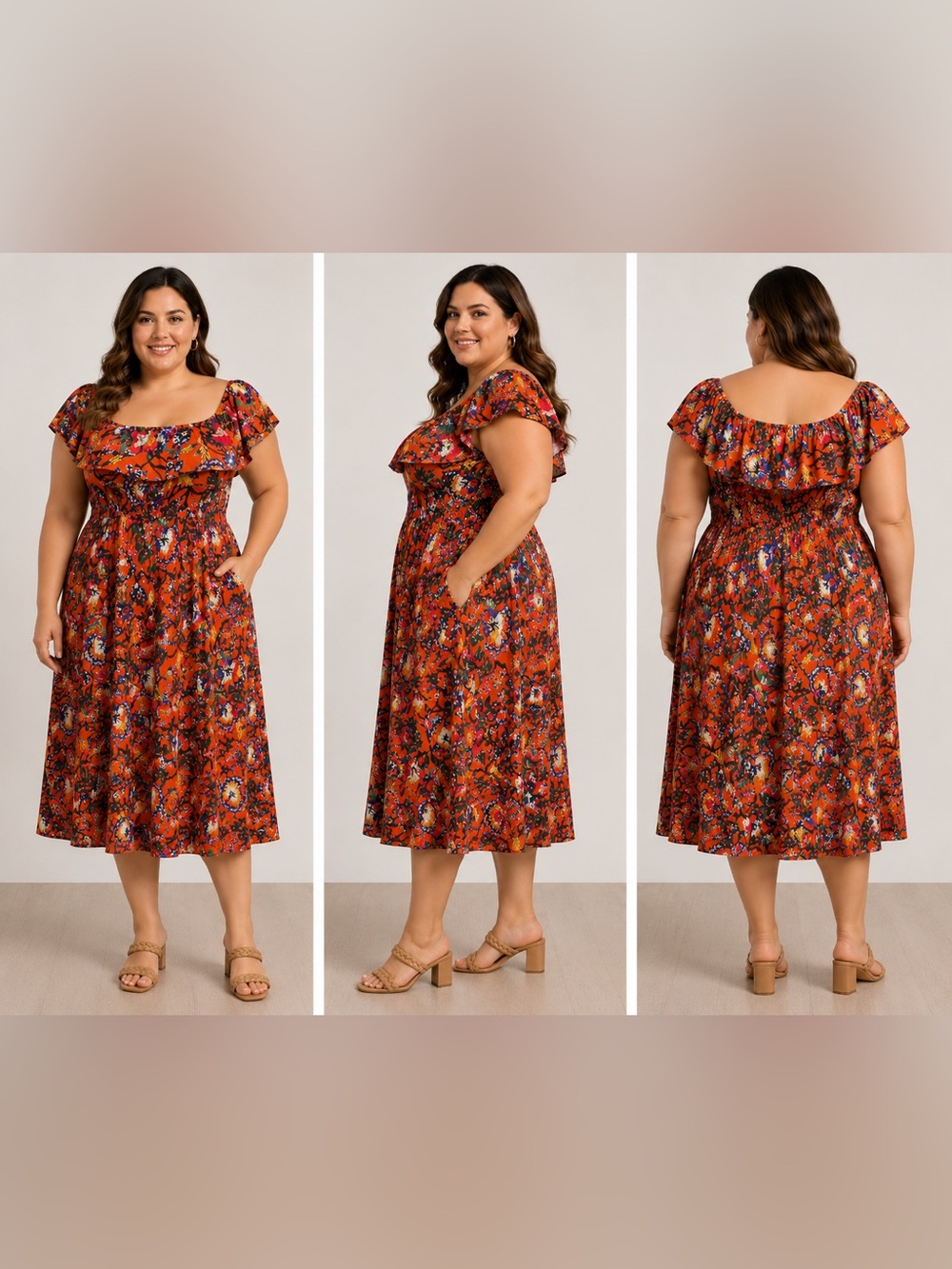 Chelsea & Theodore Orange Floral Smocked Midi Dress 2X